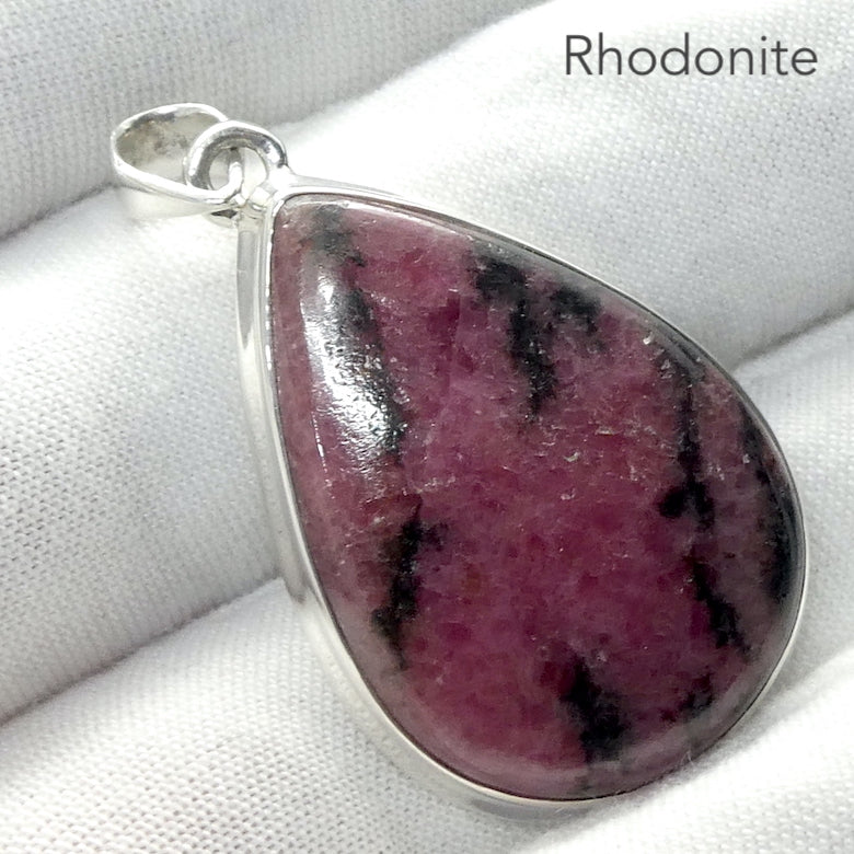 Rhodonite Pendant | Deep Red Pink with Black Veins | Teardrop Cabochon | 925 Sterling Silver |  Simple Bezel | Open Back | Emotionally loving grounded harmony | Genuine Gems from Crystal Heart Melbourne Australia since 1986