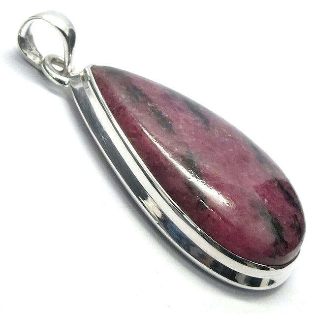 Rhodonite Pendant | Deep Red Pink with Black Veins | Teardrop Cabochon | 925 Sterling Silver |  Simple Bezel | Open Back | Emotionally loving grounded harmony | Genuine Gems from Crystal Heart Melbourne Australia since 1986