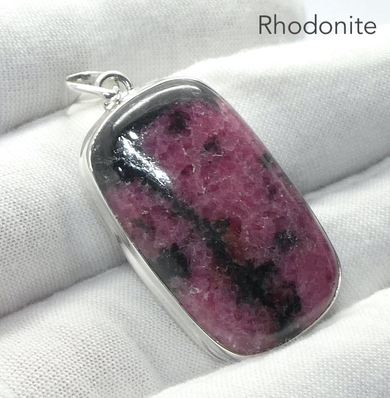 Rhodonite Pendant, Oblong Cabochon, 925 Sterling Silver