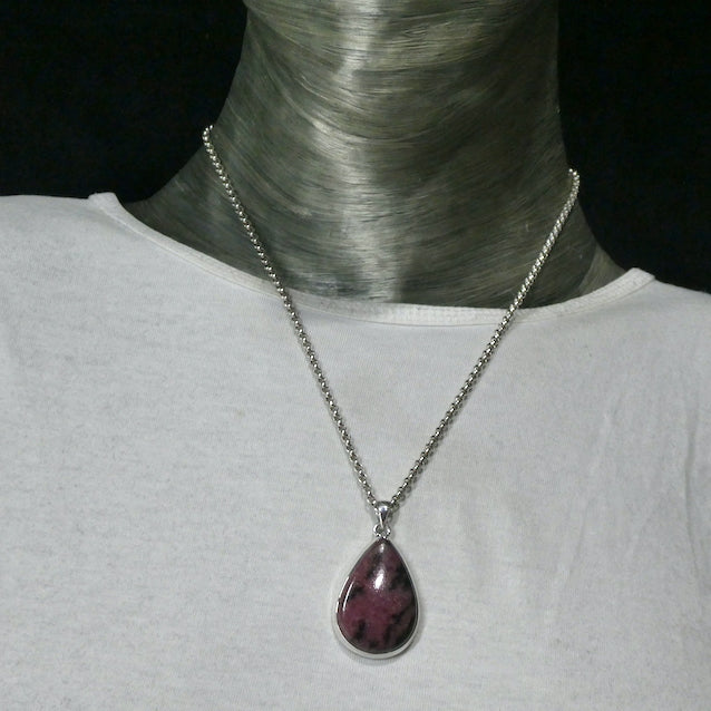 Rhodonite Pendant | Deep Red Pink with Black Veins | Teardrop Cabochon | 925 Sterling Silver |  Simple Bezel | Open Back | Emotionally loving grounded harmony | Genuine Gems from Crystal Heart Melbourne Australia since 1986