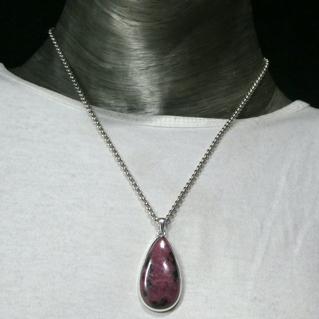 Rhodonite Pendant | Deep Red Pink with Black Veins | Teardrop Cabochon | 925 Sterling Silver |  Simple Bezel | Open Back | Emotionally loving grounded harmony | Genuine Gems from Crystal Heart Melbourne Australia since 1986