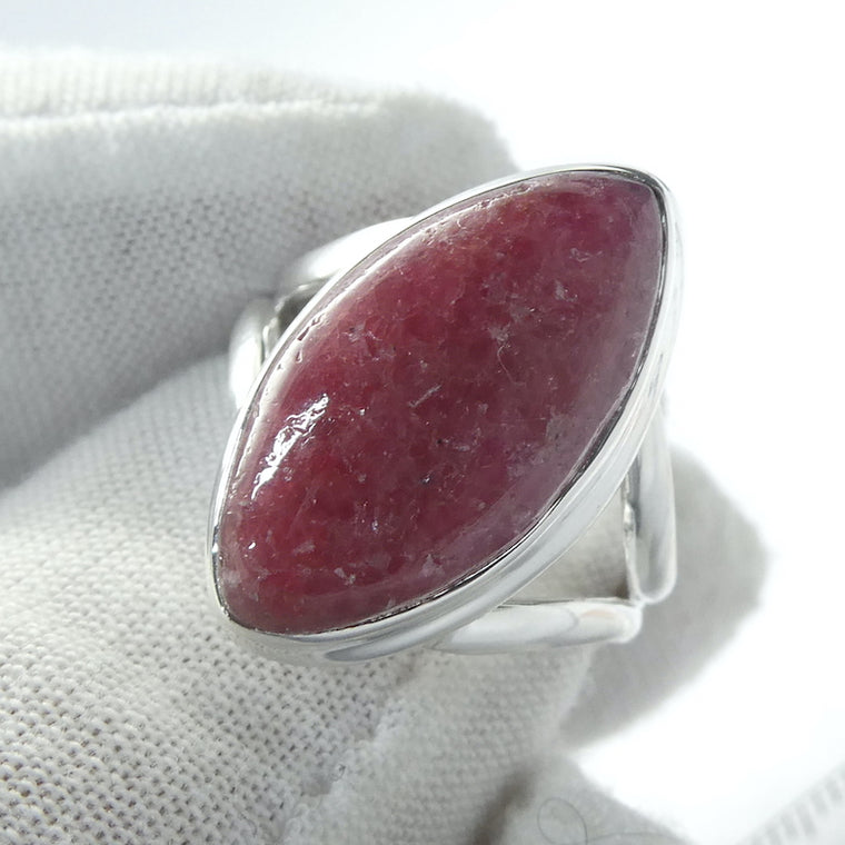 Rhodonite Ring, Marquis Cabochon, 925 Sterling Silver, US Size 7