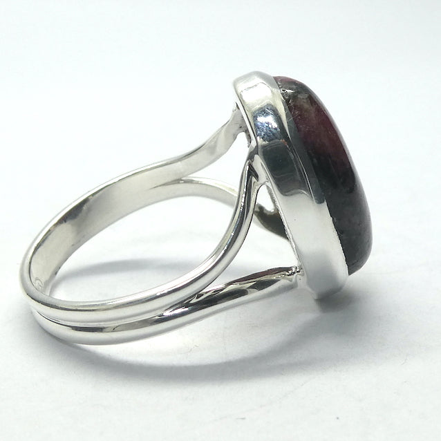 Rhodonite Ring | Deep Red Pink with Black Veins | Oval Cabochon | US Ring Size 10 | AUS Size T1/2 | 925 Sterling Silver | Bezel set | Open Back | Emotionally loving grounded harmony | Genuine Gems from Crystal Heart Melbourne Australia since 1986