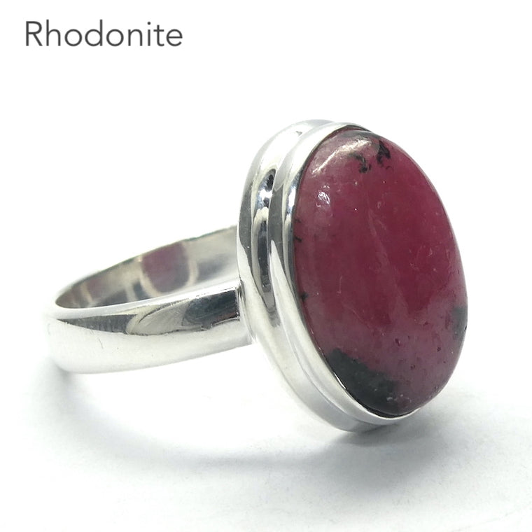 Rhodonite Ring, Oval Cabochon, 925 Sterling Silver, US Size 8,