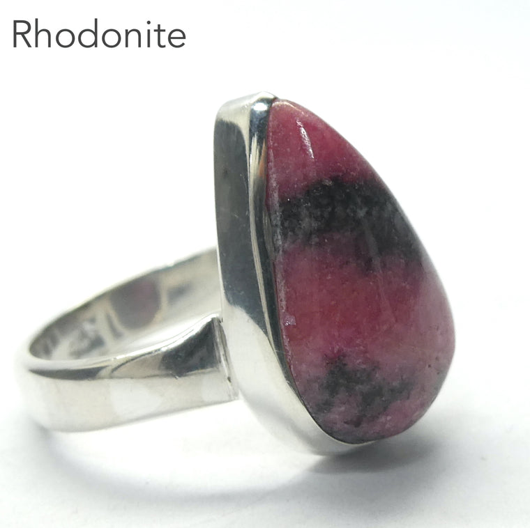 Rhodonite Ring, Teardrop Cabochon, 925 Sterling Silver, US Size 6