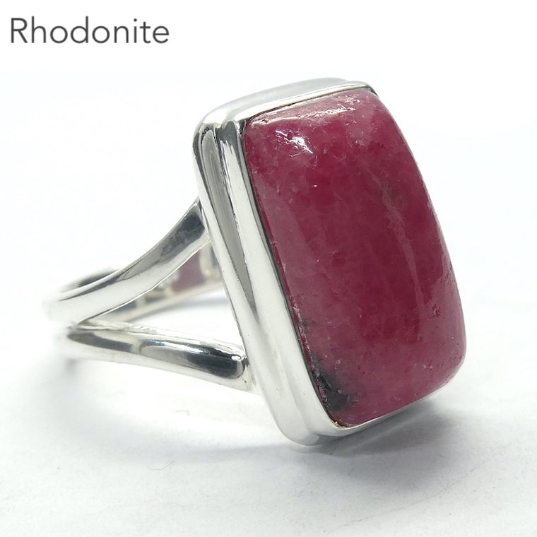 Rhodonite Ring, Oblong Cabochon, 925 Sterling Silver, US Size 7