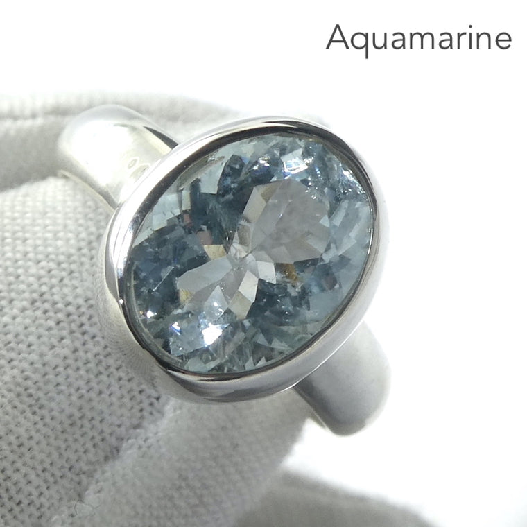 Aquamarine Ring, Faceted Oval, US Size 7.75, Fine Silver
