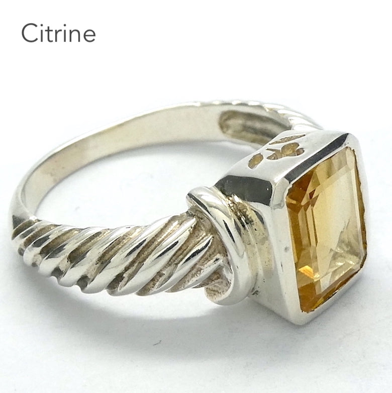 Citrine Ring | Faceted Oblong | 925 Sterling Silver | Spiral Band | Besel Set |  US Size 10 | AUS Size T1/2 | Natural stone | Abundant Energy Repel Negativity | Engender Confidence | Aries Gemini Leo Libra | Genuine Gems from Crystal Heart Melbourne Australia  since 1986