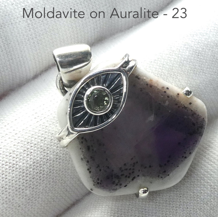 Auralite Pendant with Faceted Round Moldavite & Evil Eye, 925 Silver