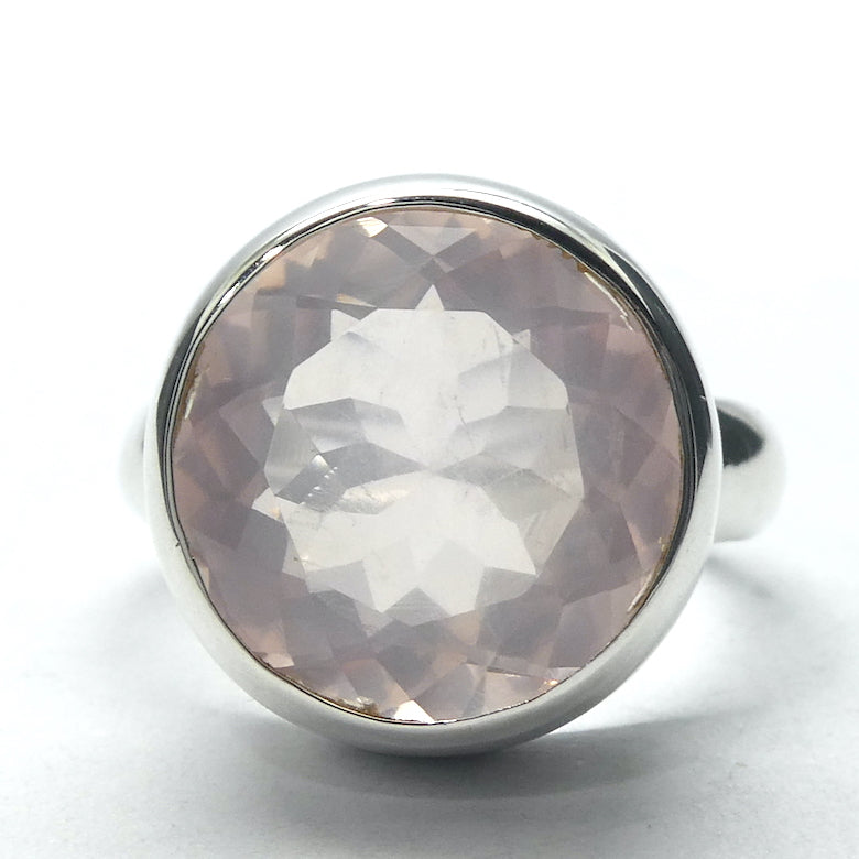 Morganite Ring, Large Faceted Round, 925 Sterling Silver