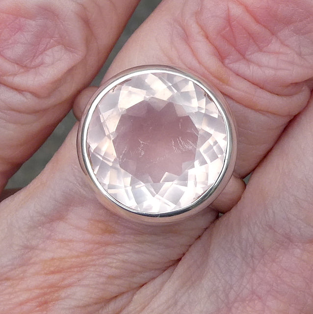 Morganite Ring, Large Faceted Round, 925 Sterling Silver