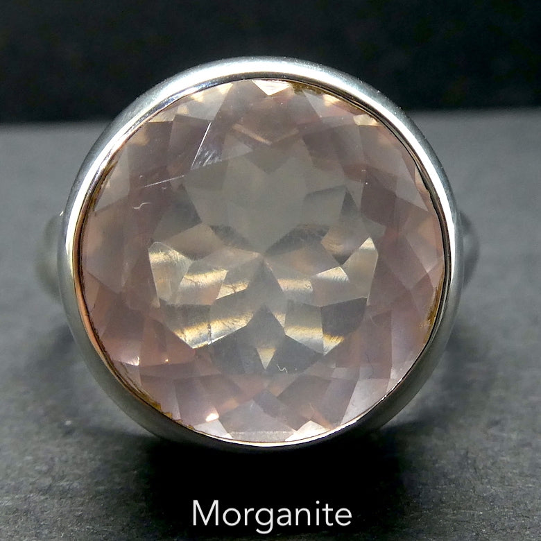 Morganite Ring, Large Faceted Round, 925 Sterling Silver