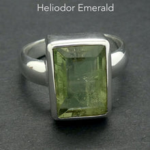 Load image into Gallery viewer, Ring Green Golden Beryl Heliodor | Faceted Emerald Cut | Bezel set, hand crafted | 925 Sterling Silver | US Size 79.25| AUS or UK Size S | Energise Vitalize Healthy Male Energy | Healing Generosity Achievement | Leo Stone | Genuine Gems from Crystal Heart Melbourne Australia since 1986
