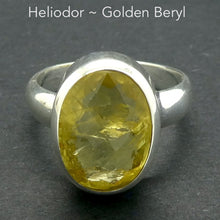 Load image into Gallery viewer, Heliodor Ring | Golden Beryl  | Faceted Oval | Bezel set, hand crafted | 925 Sterling Silver | US Size 10 | AUS or UK Size T1/2 | Energise Vitalize Healthy Male Energy | Healing Generosity Achievement | Leo Stone | Genuine Gems from Crystal Heart Melbourne Australia since 1986