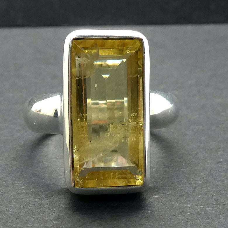 Heliodor Ring | Golden Beryl  | Faceted Emerald Cut | Bezel set, hand crafted | 925 Sterling Silver | US Size 8.5 | AUS or UK Size Q1/2 | Energise Vitalize Healthy Male Energy | Healing Generosity Achievement | Leo Stone | Genuine Gems from Crystal Heart Melbourne Australia since 1986