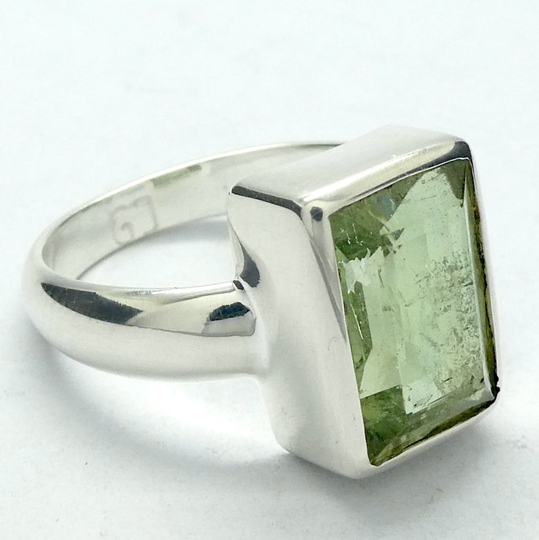 Ring Green Golden Beryl Heliodor | Faceted Emerald Cut | Bezel set, hand crafted | 925 Sterling Silver | US Size 79.25| AUS or UK Size S | Energise Vitalize Healthy Male Energy | Healing Generosity Achievement | Leo Stone | Genuine Gems from Crystal Heart Melbourne Australia since 1986