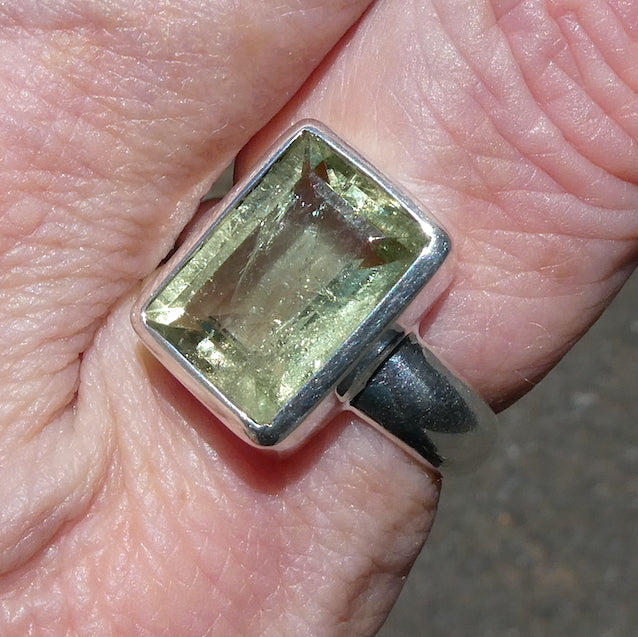 Ring Green Golden Beryl Heliodor | Faceted Emerald Cut | Bezel set, hand crafted | 925 Sterling Silver | US Size 79.25| AUS or UK Size S | Energise Vitalize Healthy Male Energy | Healing Generosity Achievement | Leo Stone | Genuine Gems from Crystal Heart Melbourne Australia since 1986