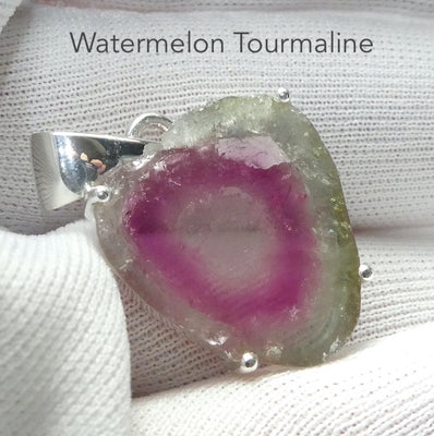 Watermelon Tourmaline Pendant | polished Slice | Good colour and definition | 925 Sterling Silver  | Claw set with open back | Star Stone Virgo Gemini Libra Taurus | Genuine Gems from Crystal Heart Melbourne Australia since 1986