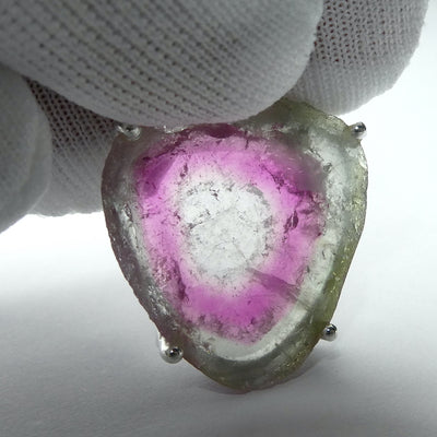 Watermelon Tourmaline Pendant | polished Slice | Good colour and definition | 925 Sterling Silver  | Claw set with open back | Star Stone Virgo Gemini Libra Taurus | Genuine Gems from Crystal Heart Melbourne Australia since 1986