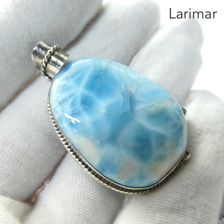 Larimar Pendant | 925 Sterling Silver | Large Freeform Cabochon | Bezek set with nautical silver rope work | Dominican Republic Caribbean | Leo Stone | Pectolite Variety | Oceanic Sky blue Pectolite variety | Genuine Gems from Crystal Heart Melbourne Australia since 1986