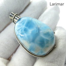Load image into Gallery viewer, Larimar Pendant | 925 Sterling Silver | Large Freeform Cabochon | Bezek set with nautical silver rope work | Dominican Republic Caribbean | Leo Stone | Pectolite Variety | Oceanic Sky blue Pectolite variety | Genuine Gems from Crystal Heart Melbourne Australia since 1986