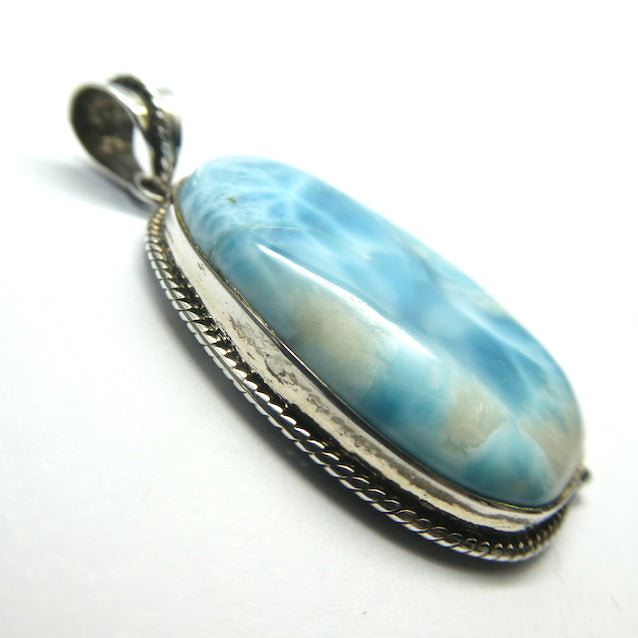 Larimar Pendant | 925 Sterling Silver | Large Freeform Cabochon | Bezek set with nautical silver rope work | Dominican Republic Caribbean | Leo Stone | Pectolite Variety | Oceanic Sky blue Pectolite variety | Genuine Gems from Crystal Heart Melbourne Australia since 1986