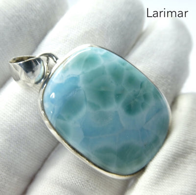 Larimar Pendant | 925 Sterling Silver | Oblong Cabochon | Dominican Republic Caribbean | Leo Stone | Pectolite Variety | Oceanic Sky blue Pectolite variety | Genuine Gems from Crystal Heart Melbourne Australia since 1986