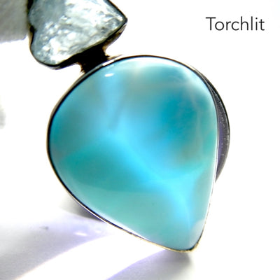Larimar Pendant | 925 Sterling Silver | Teardrop Cabochon | Raw Aquamarine Accent | Dominican Republic Caribbean | Leo Stone | Pectolite Variety | Oceanic Sky Blue | Genuine Gems from Crystal Heart Melbourne Australia since 1986