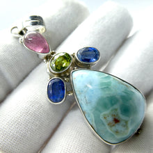 Load image into Gallery viewer, Larimar Pendant | 925 Sterling Silver | Teardrop Cabochon | Faceted sapphire kyanite, Peridot | Teardrop of Pink Tourmaline | Dominican Republic Caribbean | Leo Stone | Pectolite Variety | Oceanic Sky Blue | Genuine Gems from Crystal Heart Melbourne Australia since 1986