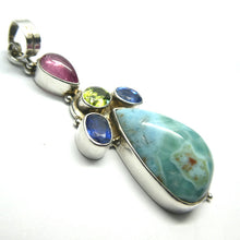 Load image into Gallery viewer, Larimar Pendant | 925 Sterling Silver | Teardrop Cabochon | Faceted sapphire kyanite, Peridot | Teardrop of Pink Tourmaline | Dominican Republic Caribbean | Leo Stone | Pectolite Variety | Oceanic Sky Blue | Genuine Gems from Crystal Heart Melbourne Australia since 1986
