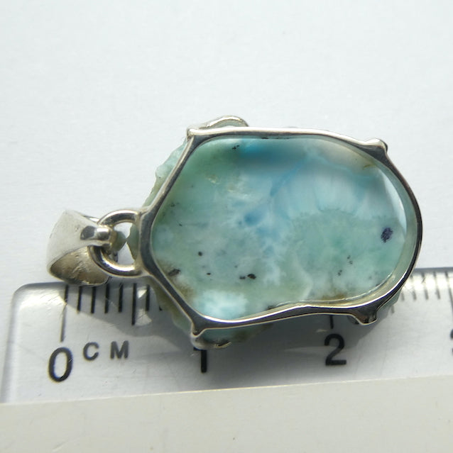 Larimar Pendant | 925 Sterling Silver | Freefrom Slice | Aquamarine Nugget Accent | Dominican Republic Caribbean | Leo Stone | Pectolite Variety | Oceanic Sky blue Pectolite variety | Genuine Gems from Crystal Heart Melbourne Australia since 1986