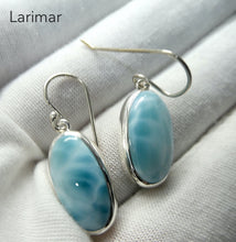 Load image into Gallery viewer, Larimar Earrings | 925 Sterling Silver | long oval | Dominican Republic Caribbean | Leo Stone | Pectolite Variety | Oceanic Sky blue Pectolite variety | Genuine Gems from Crystal Heart Melbourne Australia since 1986