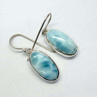 Larimar Earrings | 925 Sterling Silver | long oval | Dominican Republic Caribbean | Leo Stone | Pectolite Variety | Oceanic Sky blue Pectolite variety | Genuine Gems from Crystal Heart Melbourne Australia since 1986