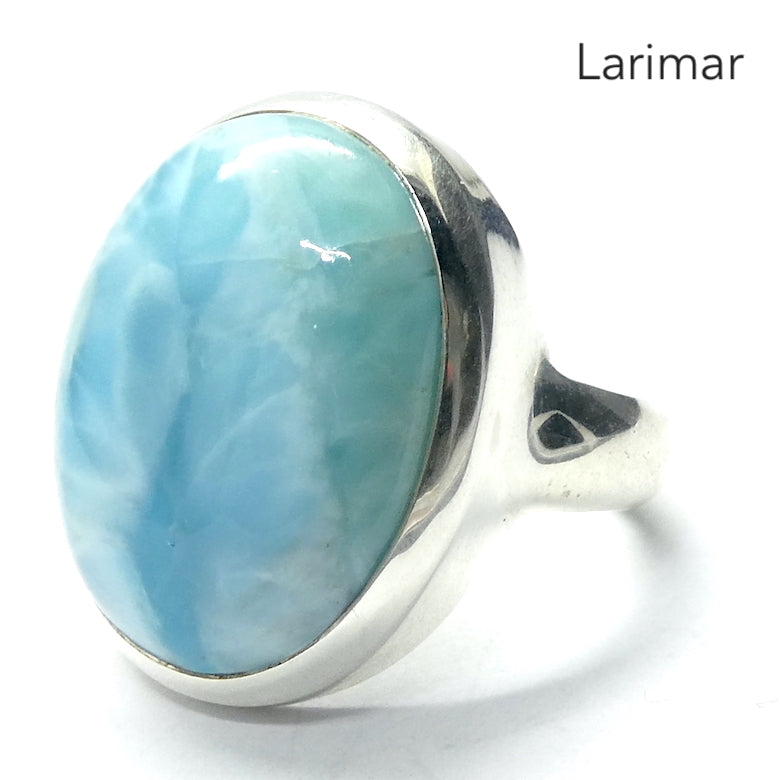 Larimar Ring | Ornate 925 Sterling Silver | Cabochon | US Size 7.5 | AUS Size O1/2  | Dominican Republic Caribbean | Leo Stone | Pectolite Variety | Oceanic Sky blue Pectolite variety | Genuine Gems from Crystal Heart Melbourne Australia since 1986