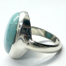 Load image into Gallery viewer, Larimar Ring | Ornate 925 Sterling Silver | Cabochon | US Size 7.5 | AUS Size O1/2  | Dominican Republic Caribbean | Leo Stone | Pectolite Variety | Oceanic Sky blue Pectolite variety | Genuine Gems from Crystal Heart Melbourne Australia since 1986