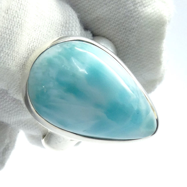 Larimar Ring | 925 Sterling Silver | Cabochon Teardrop | US Size 8.75 | AUS Size R  | Dominican Republic Caribbean | Leo Stone | Pectolite Variety | Oceanic Sky blue Pectolite variety | Genuine Gems from Crystal Heart Melbourne Australia since 1986