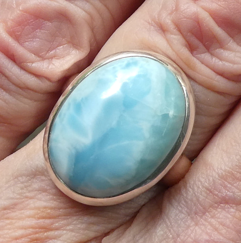 Larimar Ring | Ornate 925 Sterling Silver | Cabochon | US Size 7.5 | AUS Size O1/2  | Dominican Republic Caribbean | Leo Stone | Pectolite Variety | Oceanic Sky blue Pectolite variety | Genuine Gems from Crystal Heart Melbourne Australia since 1986