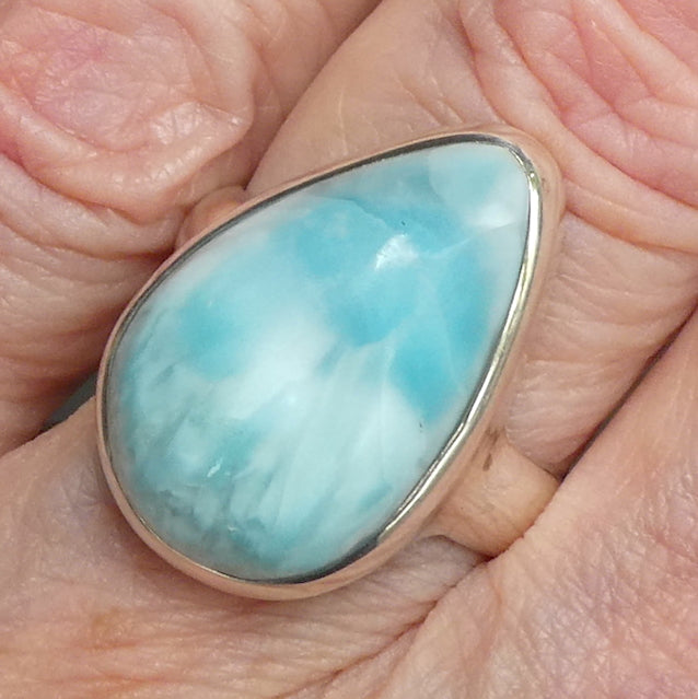 Larimar Ring | 925 Sterling Silver | Cabochon Teardrop | US Size 8.75 | AUS Size R  | Dominican Republic Caribbean | Leo Stone | Pectolite Variety | Oceanic Sky blue Pectolite variety | Genuine Gems from Crystal Heart Melbourne Australia since 1986