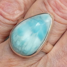 Load image into Gallery viewer, Larimar Ring | 925 Sterling Silver | Cabochon Teardrop | US Size 8.75 | AUS Size R  | Dominican Republic Caribbean | Leo Stone | Pectolite Variety | Oceanic Sky blue Pectolite variety | Genuine Gems from Crystal Heart Melbourne Australia since 1986