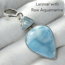 Load image into Gallery viewer, Larimar Pendant | 925 Sterling Silver | Teardrop Cabochon | Raw Aquamarine Accent | Dominican Republic Caribbean | Leo Stone | Pectolite Variety | Oceanic Sky Blue | Genuine Gems from Crystal Heart Melbourne Australia since 1986
