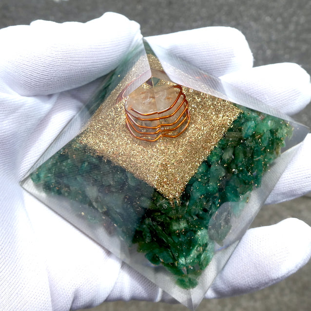 Orgonite Pyramid embedded with sparkling Green Aventurine Chips | Clear Crystal Point conduit in Copper Spiral | Accumulate Orgone Energy | All Round Healing | Crystal Heart Melbourne Australia since 1986