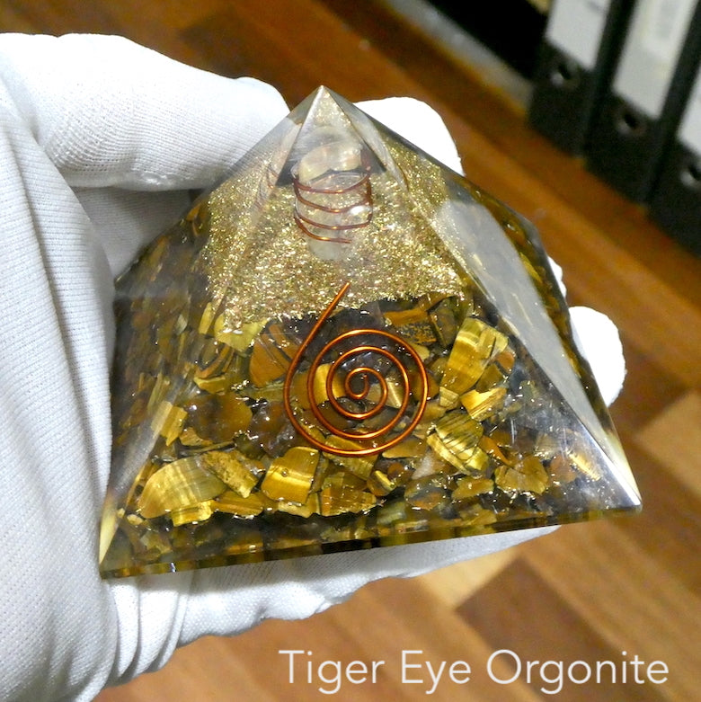 Orgonite Pyramid  | Sparkling Tiger Eye Chips | Clear Crystal Point conduit in Copper Spiral | Mental Focus and energetic integration | Accumulate Orgone Energy | All Round Healing | Genuine Gems fron Crystal Heart Melbourne Australia since 1986