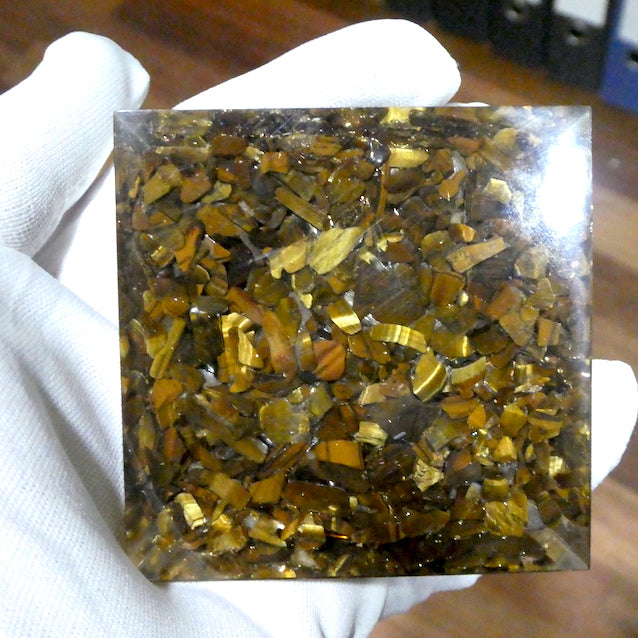 Orgonite Pyramid  | Sparkling Tiger Eye Chips | Clear Crystal Point conduit in Copper Spiral | Mental Focus and energetic integration | Accumulate Orgone Energy | All Round Healing | Genuine Gems fron Crystal Heart Melbourne Australia since 1986