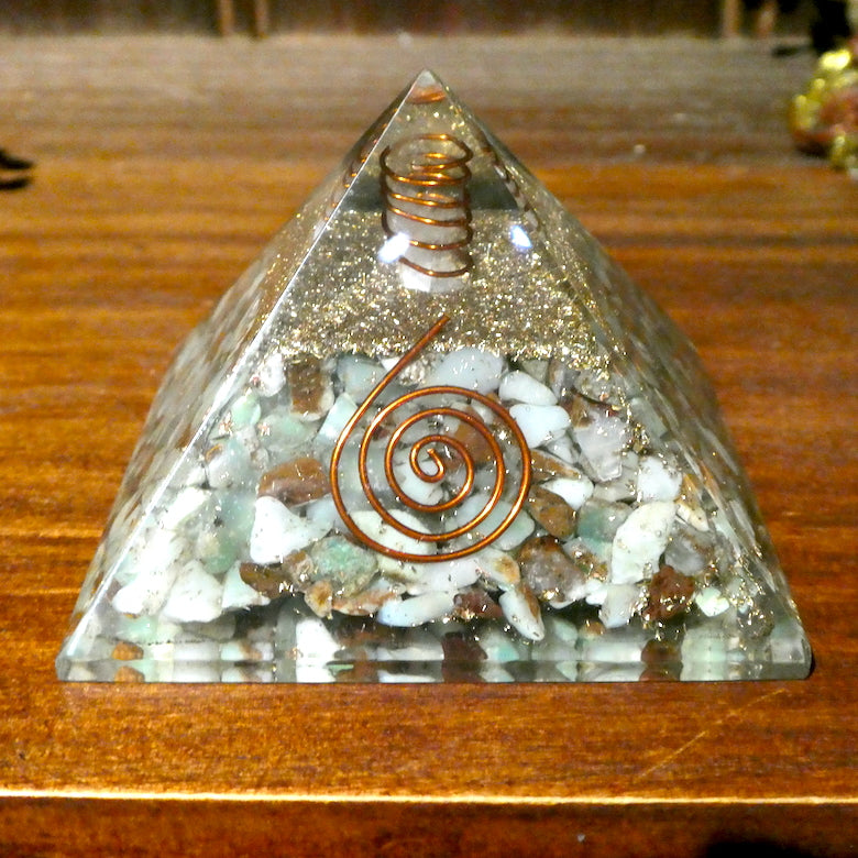 Orgonite Pyramid  | Chrysoprase Chips | Clear Crystal Point conduit in Copper Spiral | Vibrant Energy | Uplift | Psychic Healing | Accumulate Orgone Energy | All Round Healing | Genuine Gems from Crystal Heart Melbourne Australia since 1986