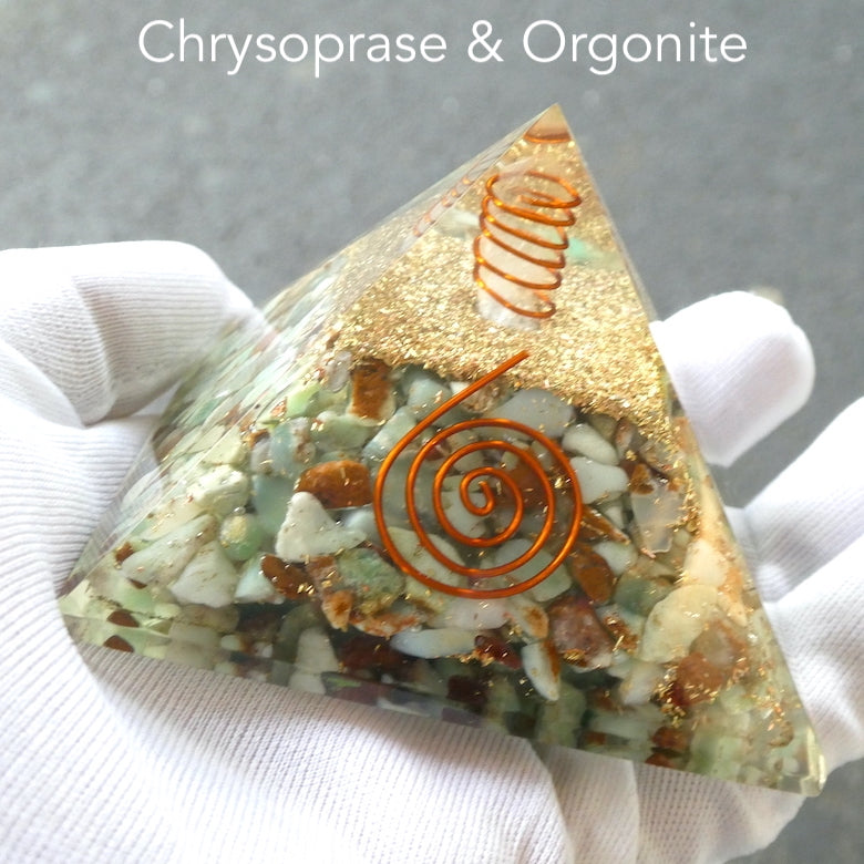 Orgonite Pyramid  | Chrysoprase Chips | Clear Crystal Point conduit in Copper Spiral | Vibrant Energy | Uplift | Psychic Healing | Accumulate Orgone Energy | All Round Healing | Genuine Gems from Crystal Heart Melbourne Australia since 1986