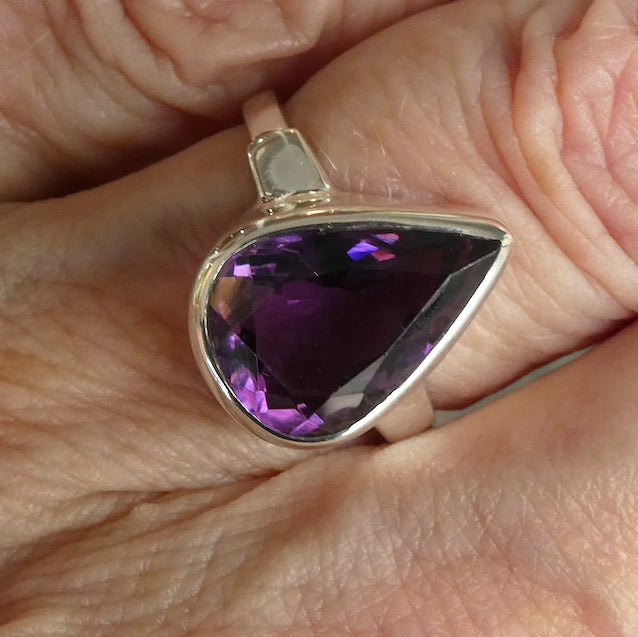 Amethyst Ring | Faceted Teardrop Gemstone | Deep cut  | AAA Grade | 925 Sterling Silver| US Size 7.75 | Aus Size P | Mesmerising Beauty | Quality Silver Work | Genuine Gems from Crystal Heart Melbourne Australia since 1986