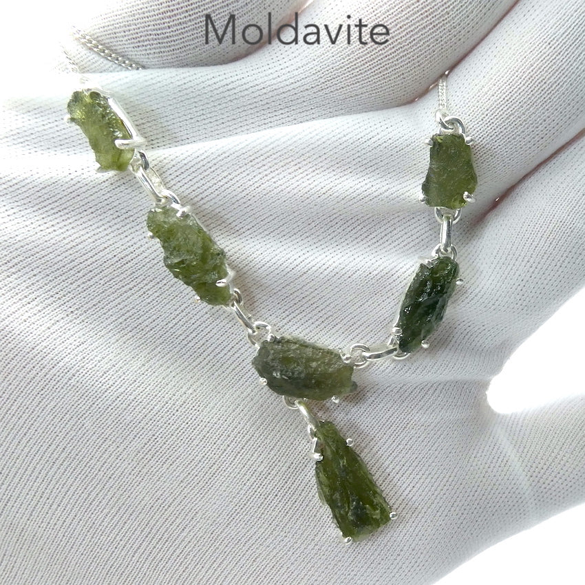 Moldavite Necklace | 6 nice Moldavite nuggets |  CZ | Natural Freeform Shapes | 925 Sterling Silver | Inspiration | Energy | Intense personal transformation | Genuine Gems from Crystal Heart Australia since 1986