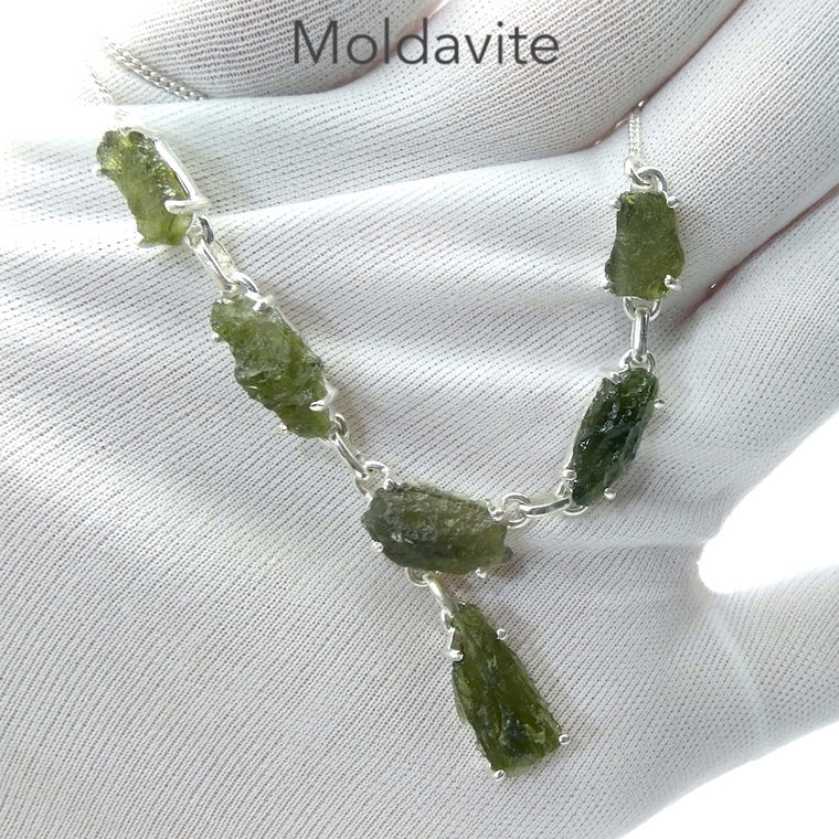 Moldavite Necklace with Six Raw Nuggets, 925 Sterlng Silver