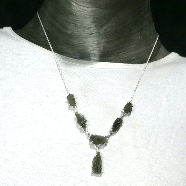 Moldavite Necklace | 6 nice Moldavite nuggets |  CZ | Natural Freeform Shapes | 925 Sterling Silver | Inspiration | Energy | Intense personal transformation | Genuine Gems from Crystal Heart Australia since 1986