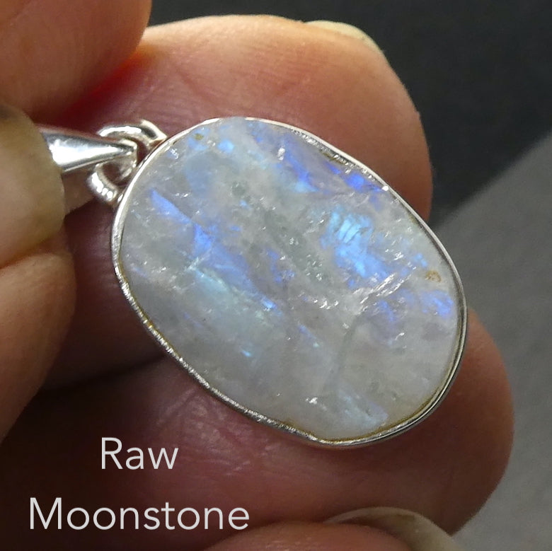 Natural Rainbow Moonstone Pendant | Raw Oval | 925 Sterling Silver | Blue Flashes | Cancer Libra Scorpio Stone | Emotional Liberation Stone  Genuine Gems from Crystal Heart Melbourne Australia 1986